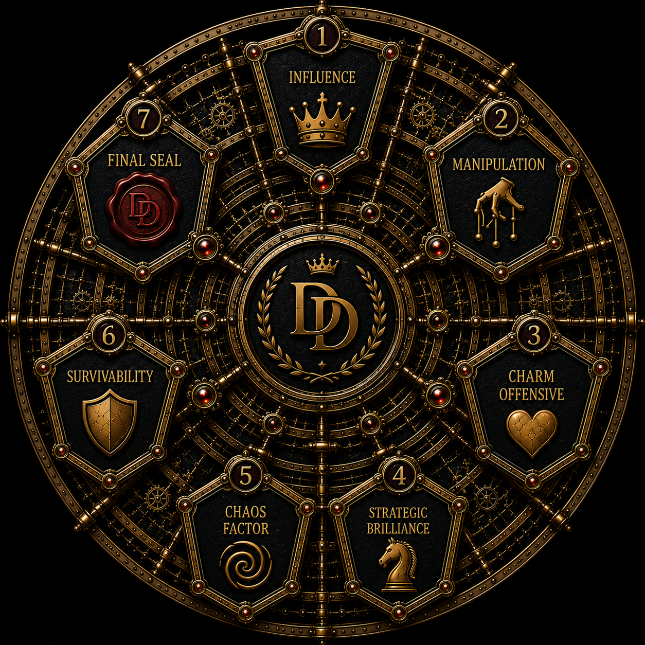 Deluxe Delusions stat wheel showing influence, manipulation, charm offensive, strategic brilliance, chaos factor, survivability, and final seal