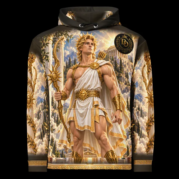 Apollo Hoodie, front with Apollo artwork and Deluxe Delusions branding