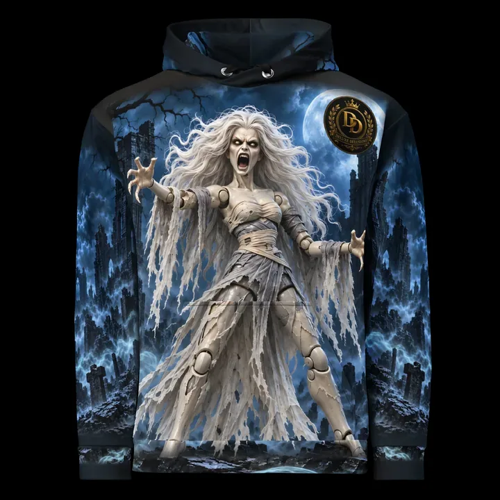 The Banshee Hoodie, front with Banshee artwork and Deluxe Delusions gold crest