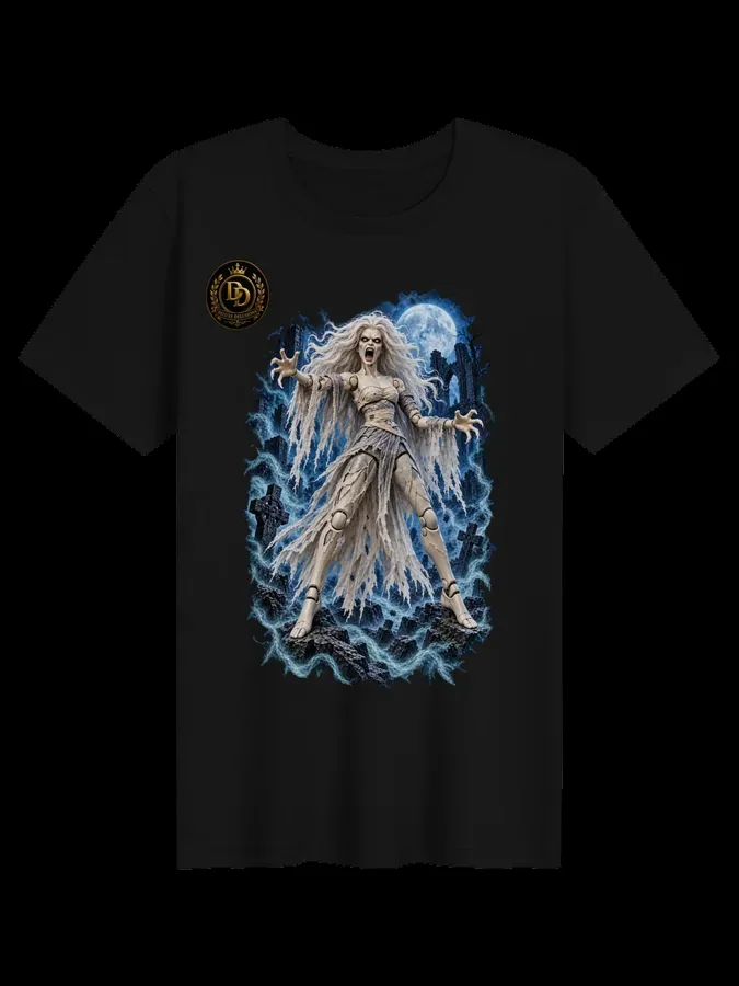 The Banshee T-shirt, front with Banshee artwork and Deluxe Delusions gold crest