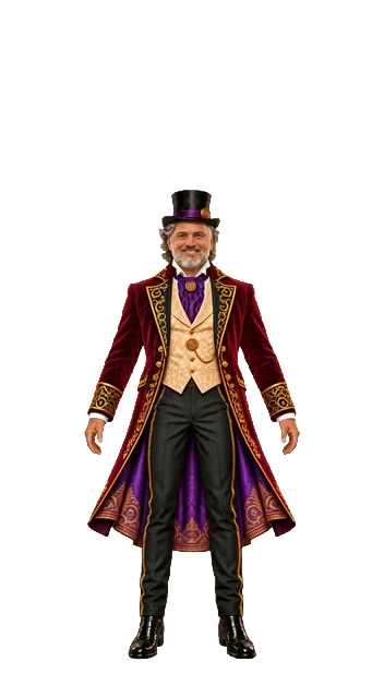 The Delusion Master in his burgundy coat and top hat, welcoming you to the game