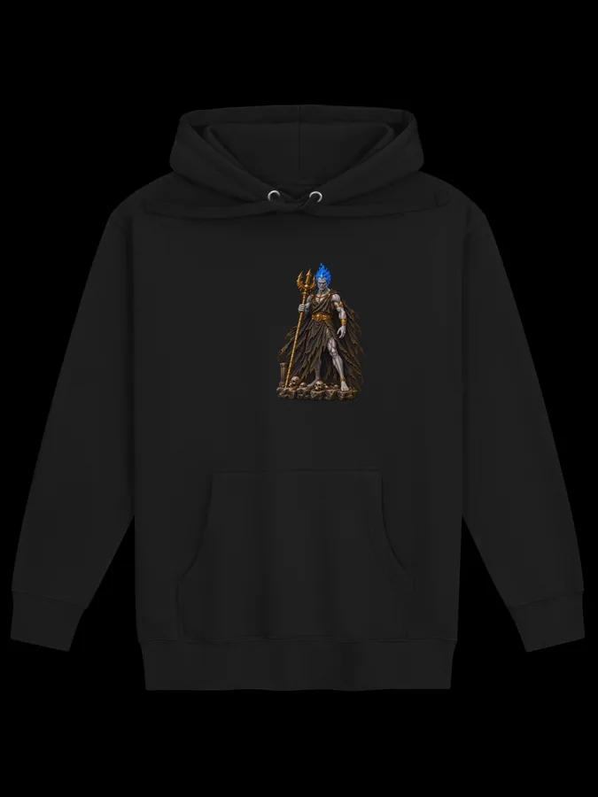 Hades Black Hoodie, front with Hades artwork and Deluxe Delusions branding