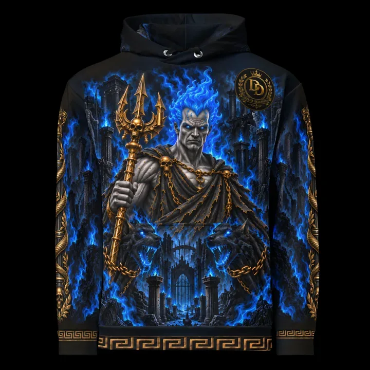 Hades All-Over Hoodie, front with Hades artwork and Deluxe Delusions branding