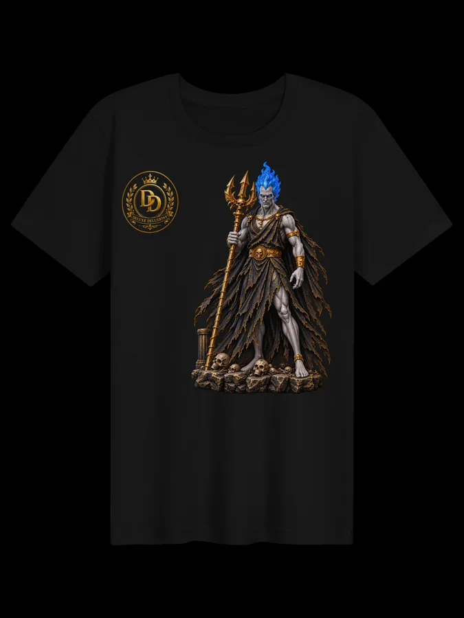 Hades T-shirt, front with Hades artwork and Deluxe Delusions branding