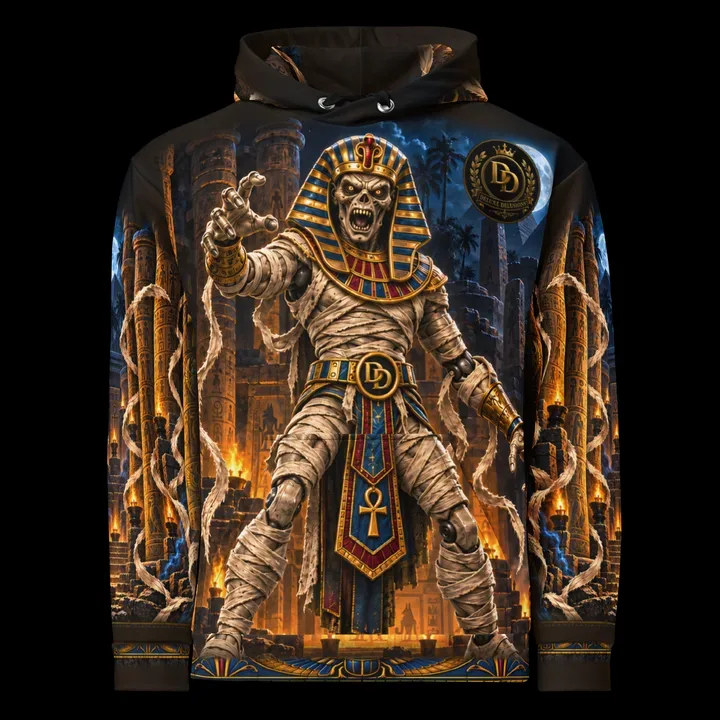 The Mummy Hoodie, front with The Mummy artwork and Deluxe Delusions branding