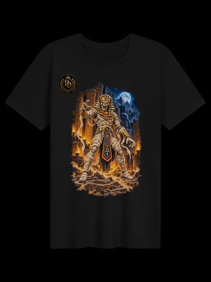 The Mummy T-shirt, front with The Mummy artwork and Deluxe Delusions branding