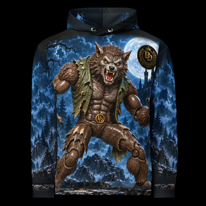 The Werewolf Hoodie, front with Werewolf artwork and Deluxe Delusions gold crest