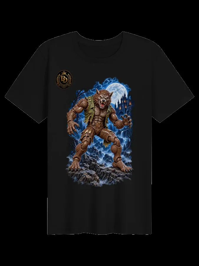The Werewolf T-shirt, front with Werewolf artwork and Deluxe Delusions gold crest